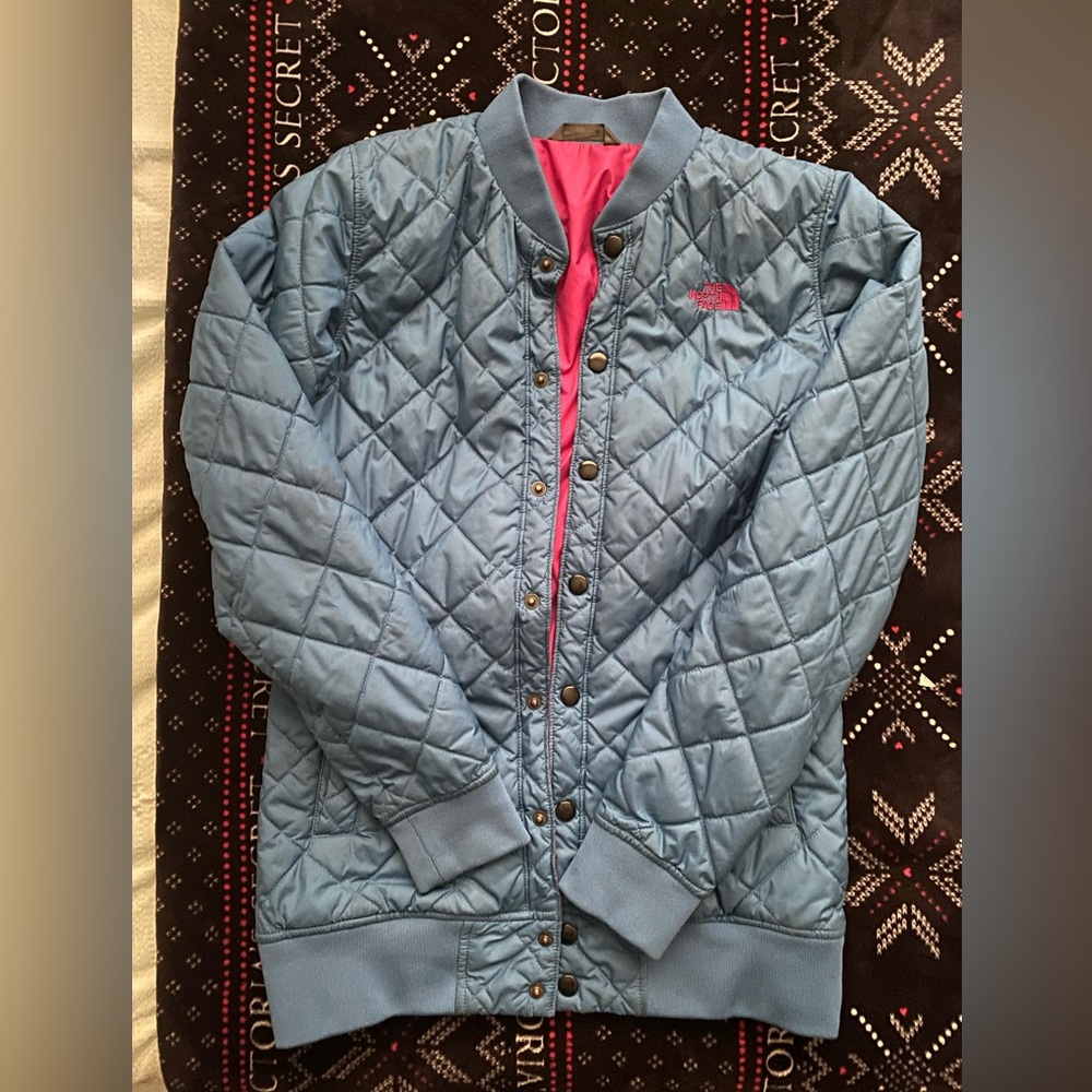 The North Face Blue and Pink Puffer Jacket